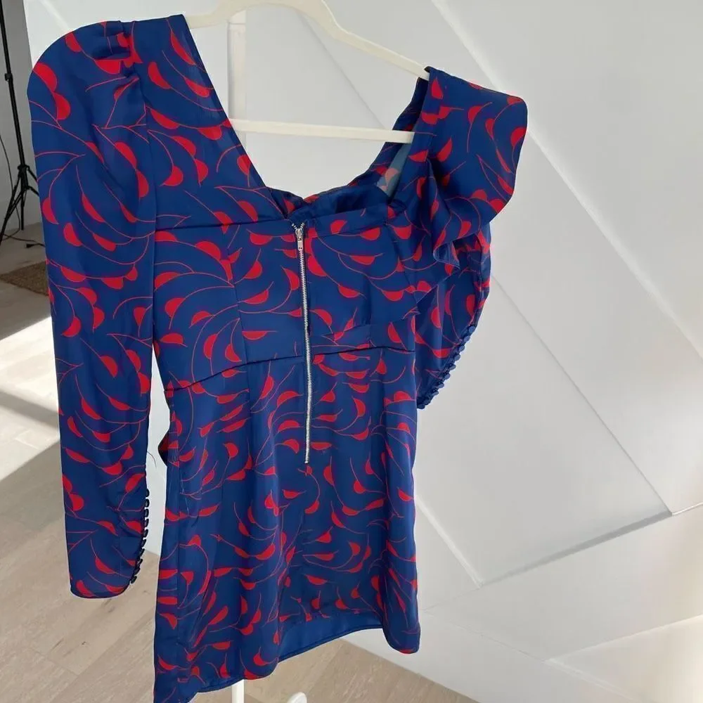 Self Portrait Blue Red One Shoulder Ruffle Dress - Picture 8 of 13